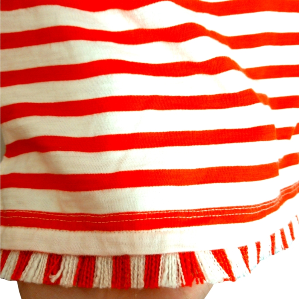 J. Crew. Red and white striped long sleeved blouse with fringed detail along hem - Picture 2 of 3